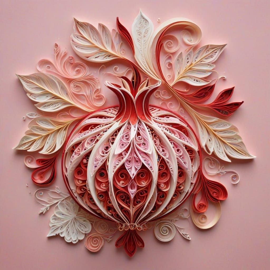 Royal Red Pomegranate in Quilled Paper, Watercolor Backgroun...