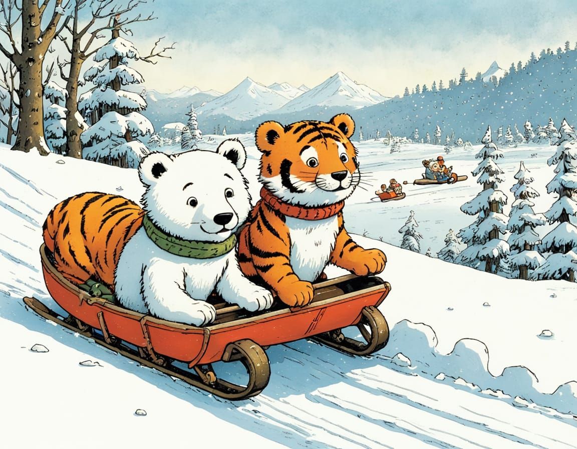 Cute Tiger and Polar Bear Enjoy Winter Fun in Whimsical Illu...