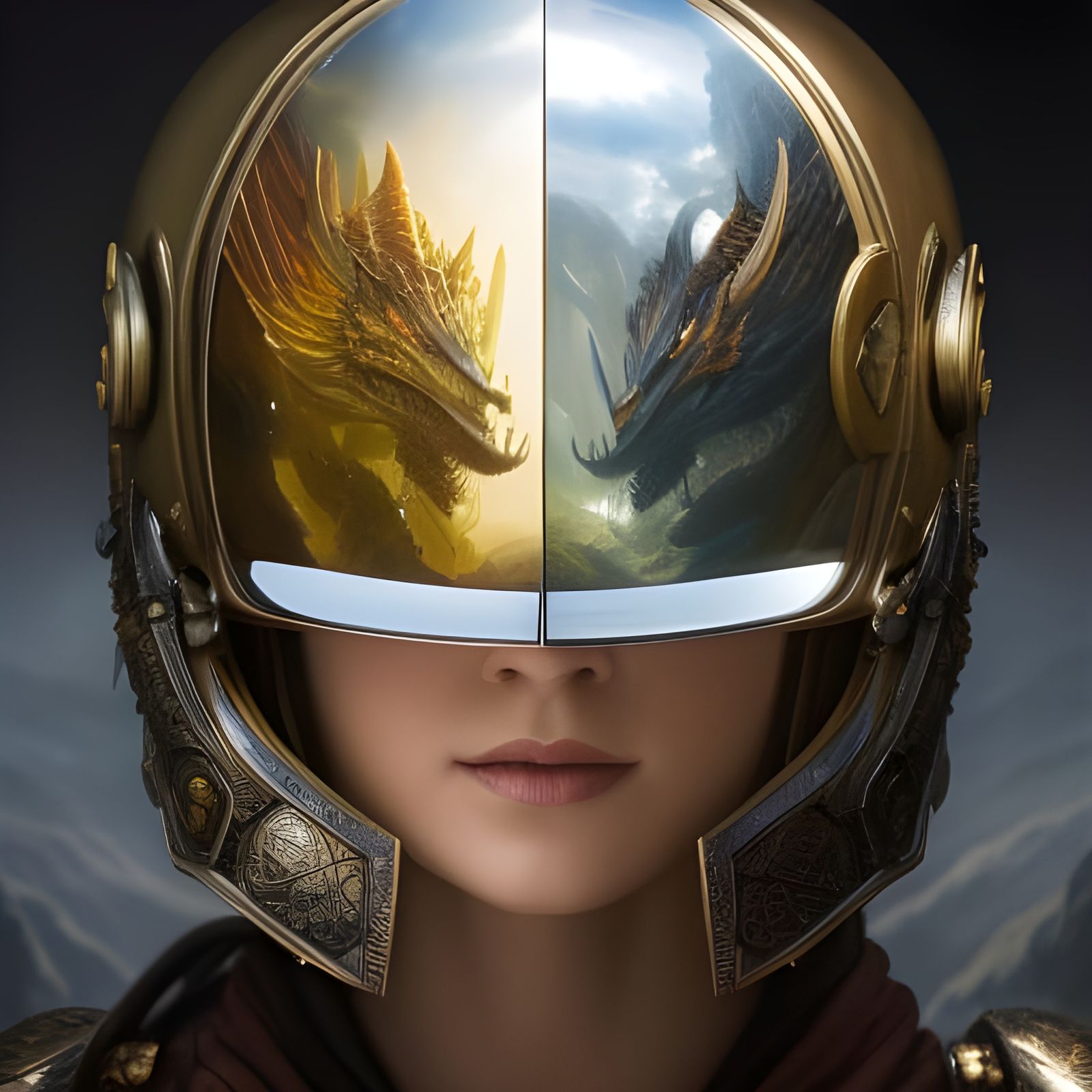 Dragon Reflection on Mirrored Helmet in Fantasy Art