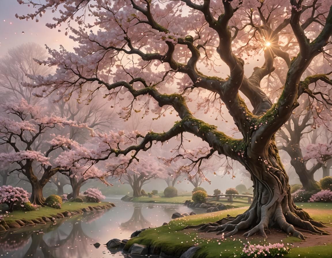 Ethereal Cherry Tree in a Golden Mist