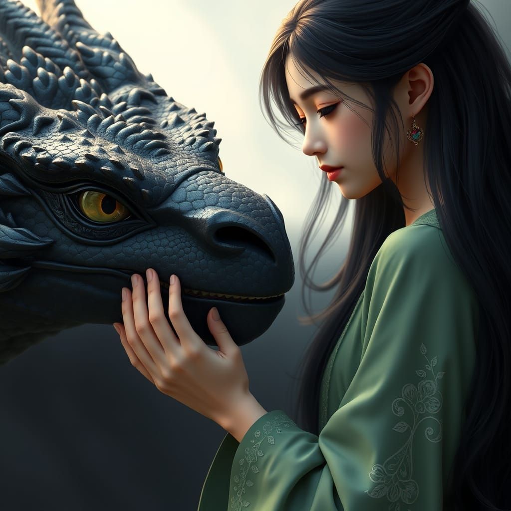 Gentle Bond Between Woman and Majestic Dragon