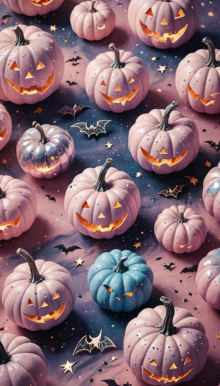 Pastel Pink Halloween Pumpkins in Cosmic Astral Illustration