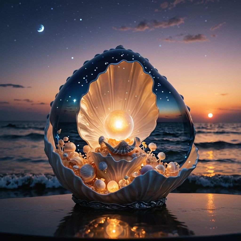 Pearl Shell Lamp with Fairy Creature at Sunset