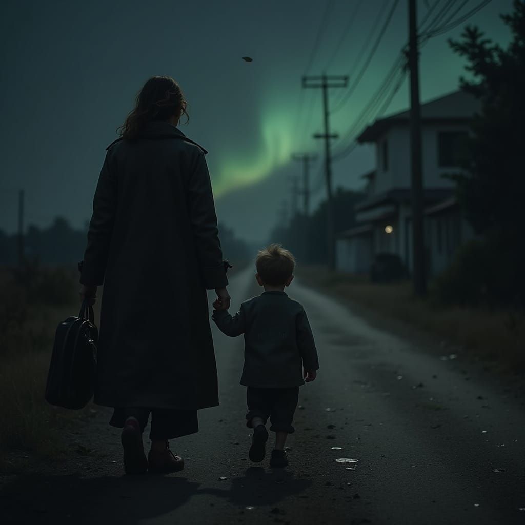 Em uma noite escura e silenciosa, uma mulher com um colar de pérolas gravado com 'BG' e seu filho de 5 anos estão em uma...