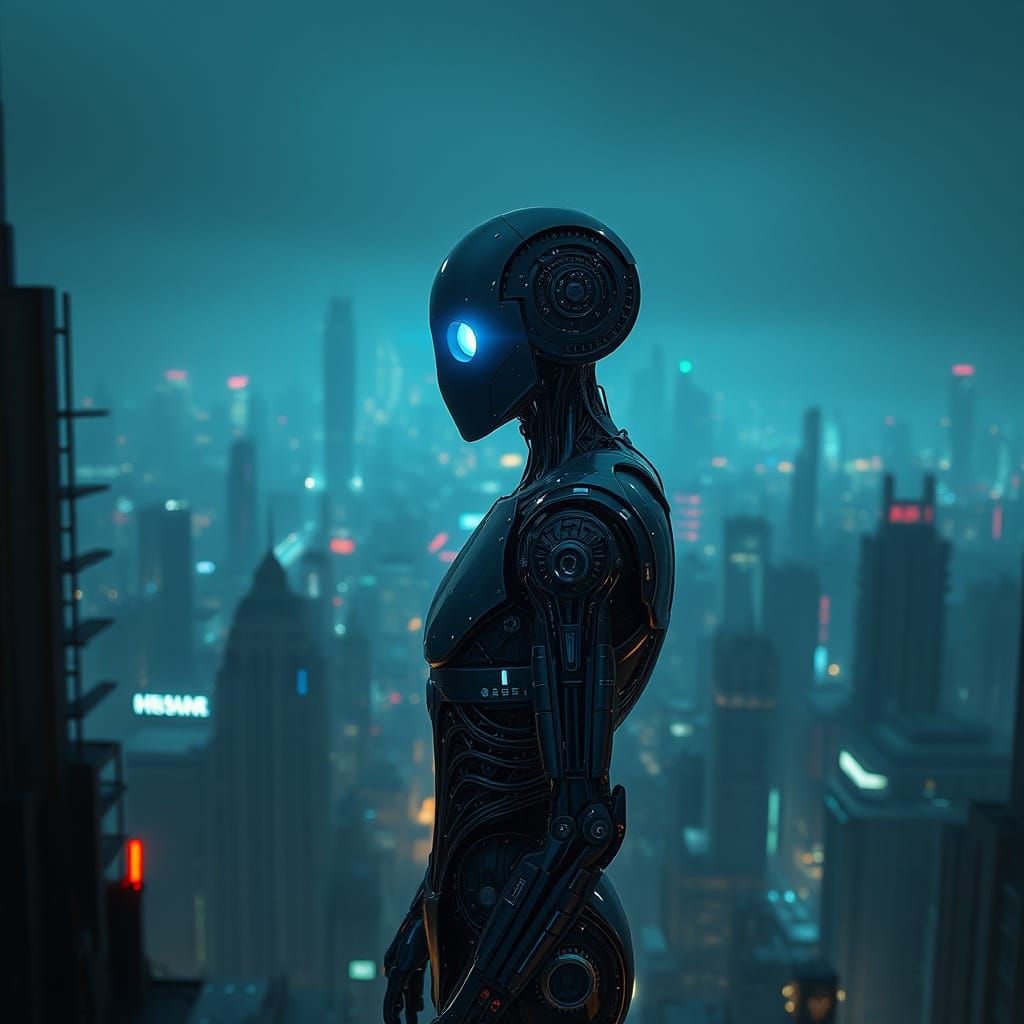 Cyberpunk Androids in a Futuristic Metropolis