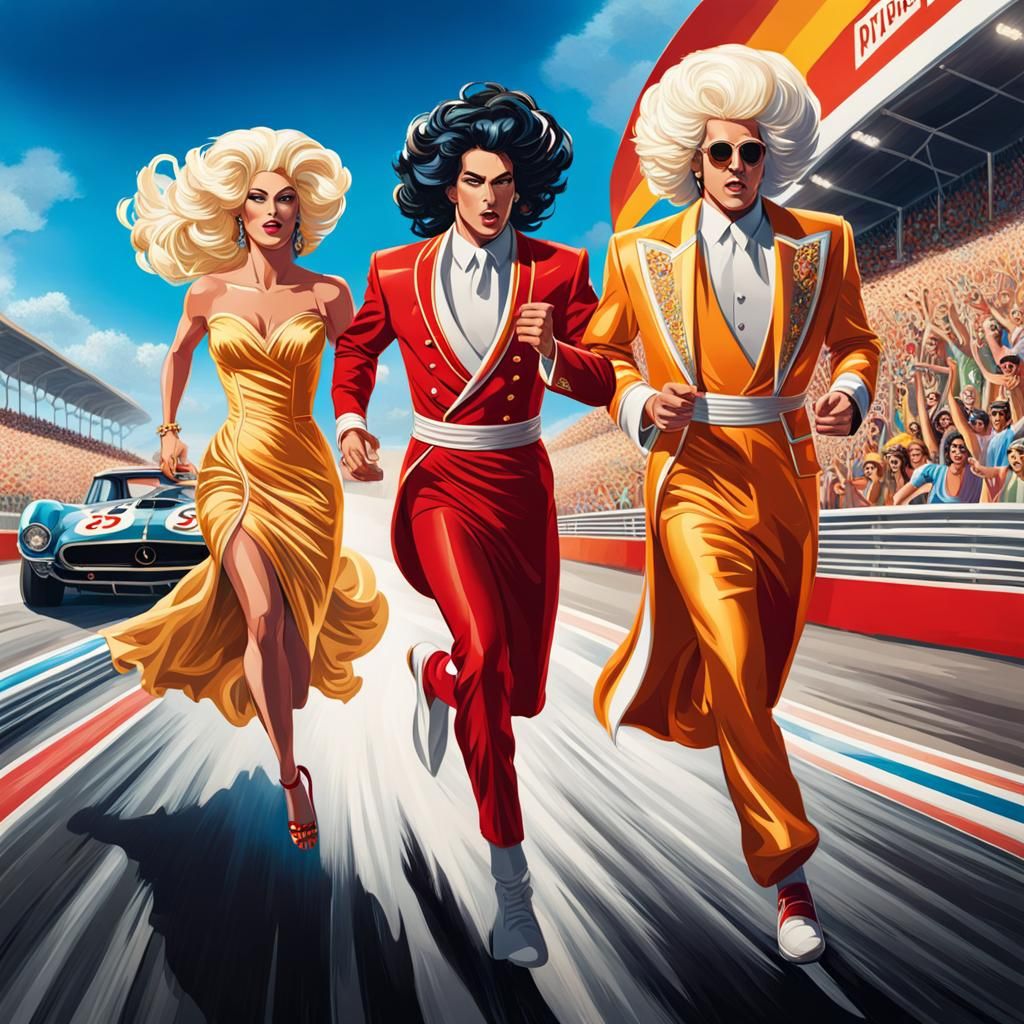Drag Queens Race in Hyperrealistic Splash Art