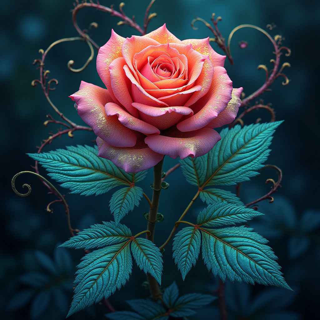 Luminescent Rose with Fractals in Digital Art Style