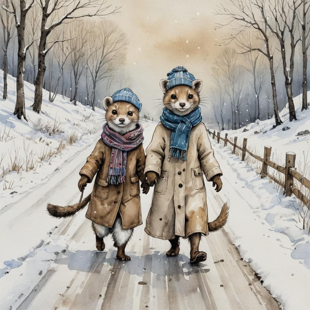 Weasels' Winter Walk: Folk Art Illustration