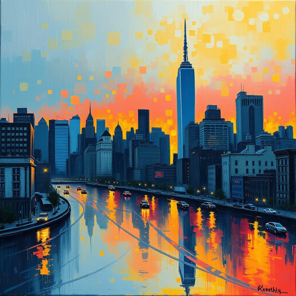 Manhattan Sunrise in Impressionistic Impasto Style