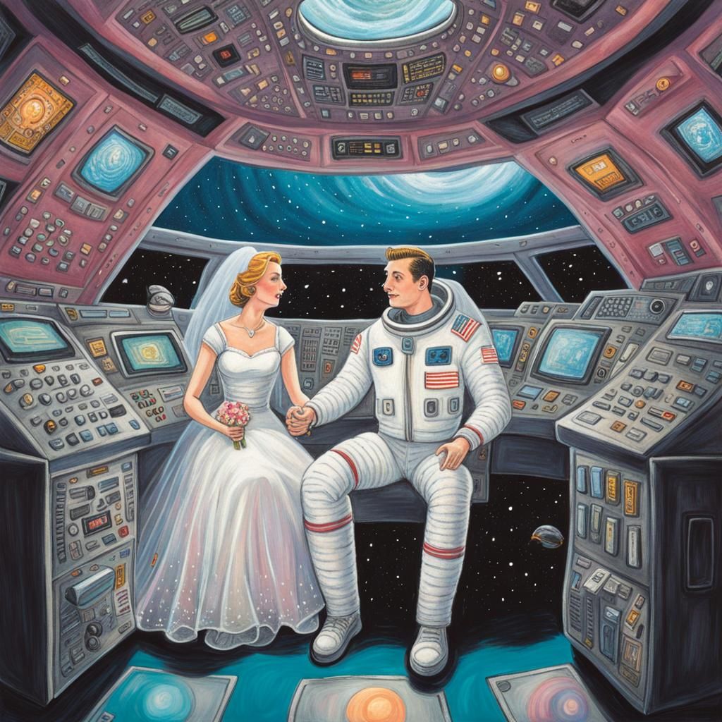 Astronauts' Space Wedding in Cartoon Style