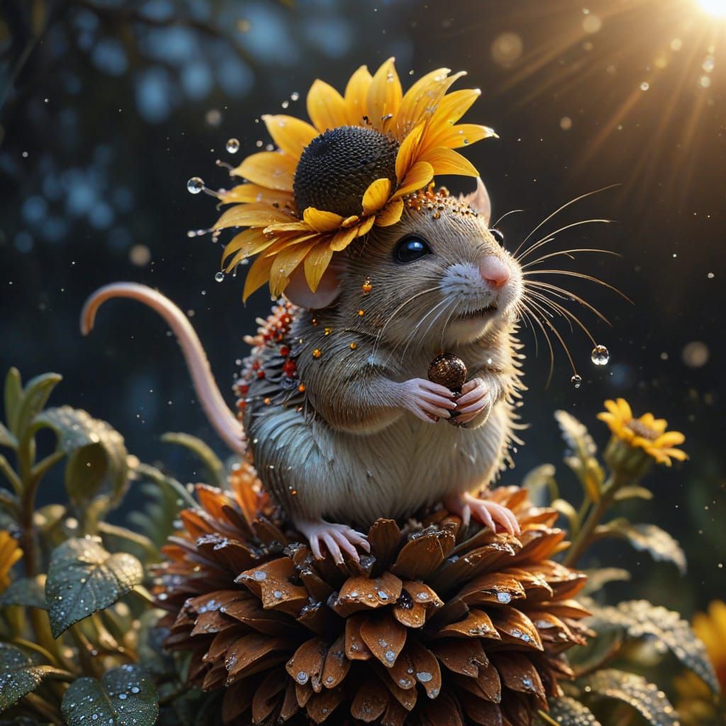 Adorable Mouse Lifting Flower Barbell at Sunset