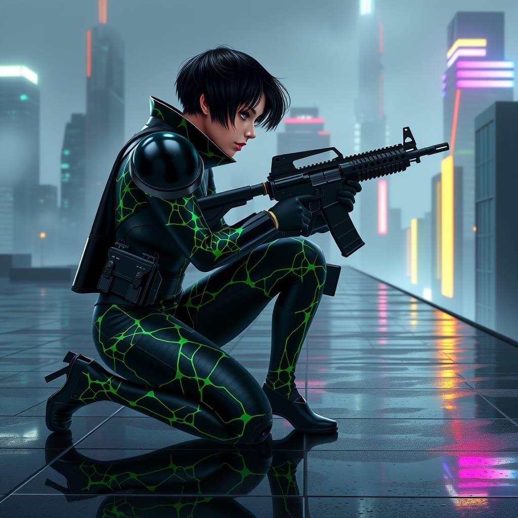Female Assassin in Futuristic Armor Contemplates Rooftop