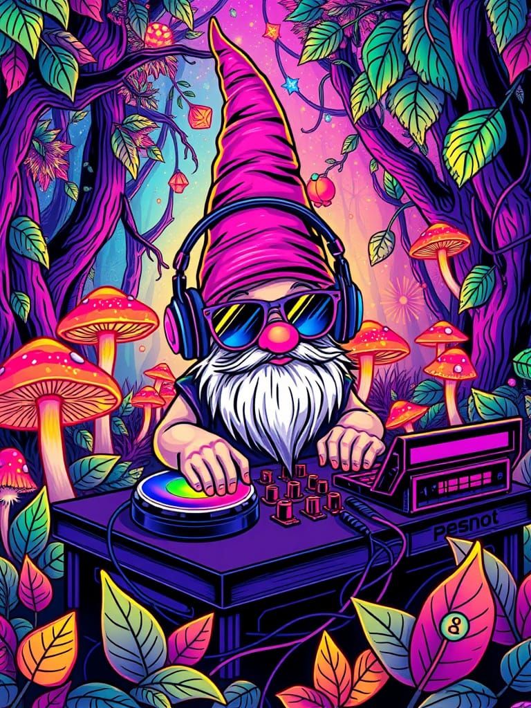 Gnome DJ at Psychedelic Techno Rave in Neon Forest