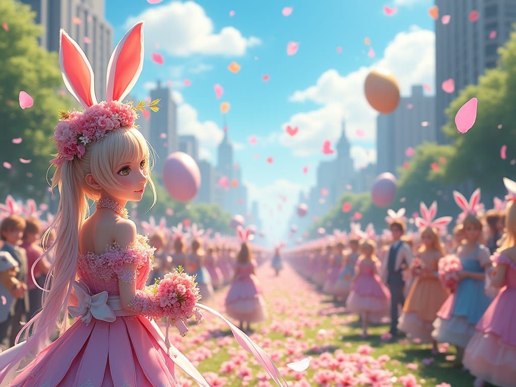 Joyful Easter Parade in Whimsical Anime Style
