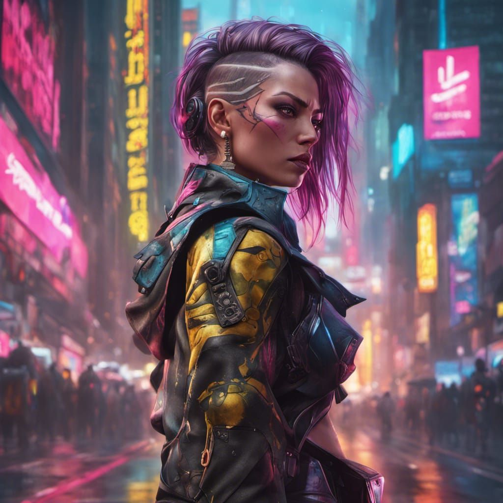 Cyberpunk Samurai Portrait in Neon City Style