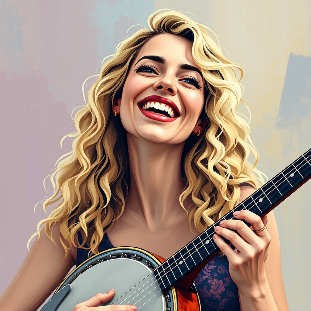 Laughing Woman Plays Banjo in Abstract Art Style