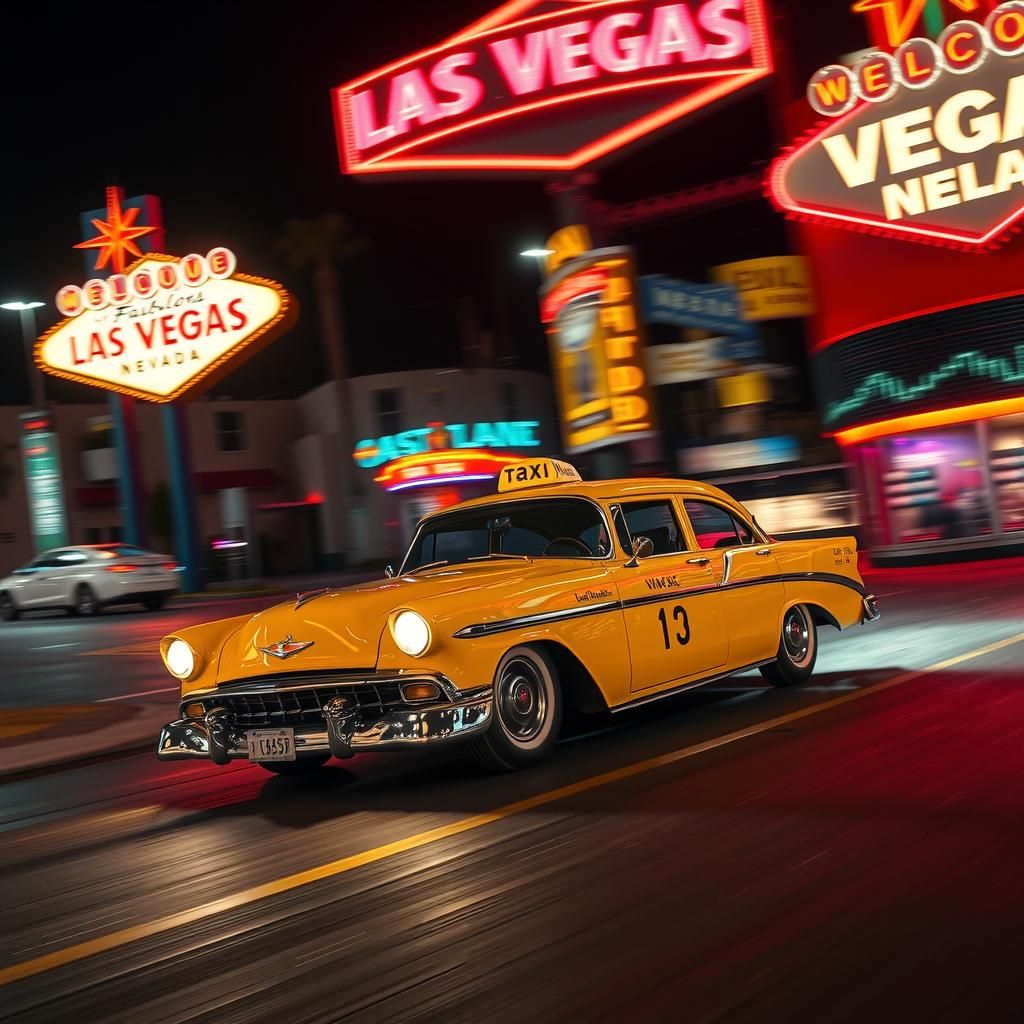Vintage Taxi Speeds Through Neon Las Vegas