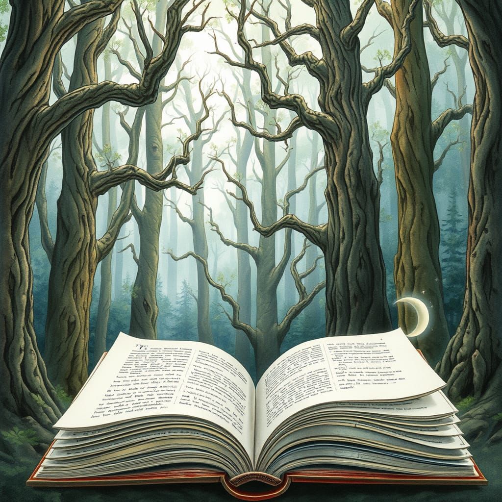Whimsical Forest Cathedral with Open Book