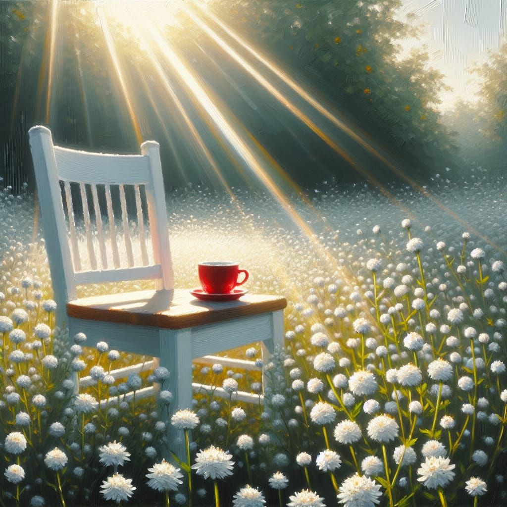 Red Coffee Cup in White Wildflower Field