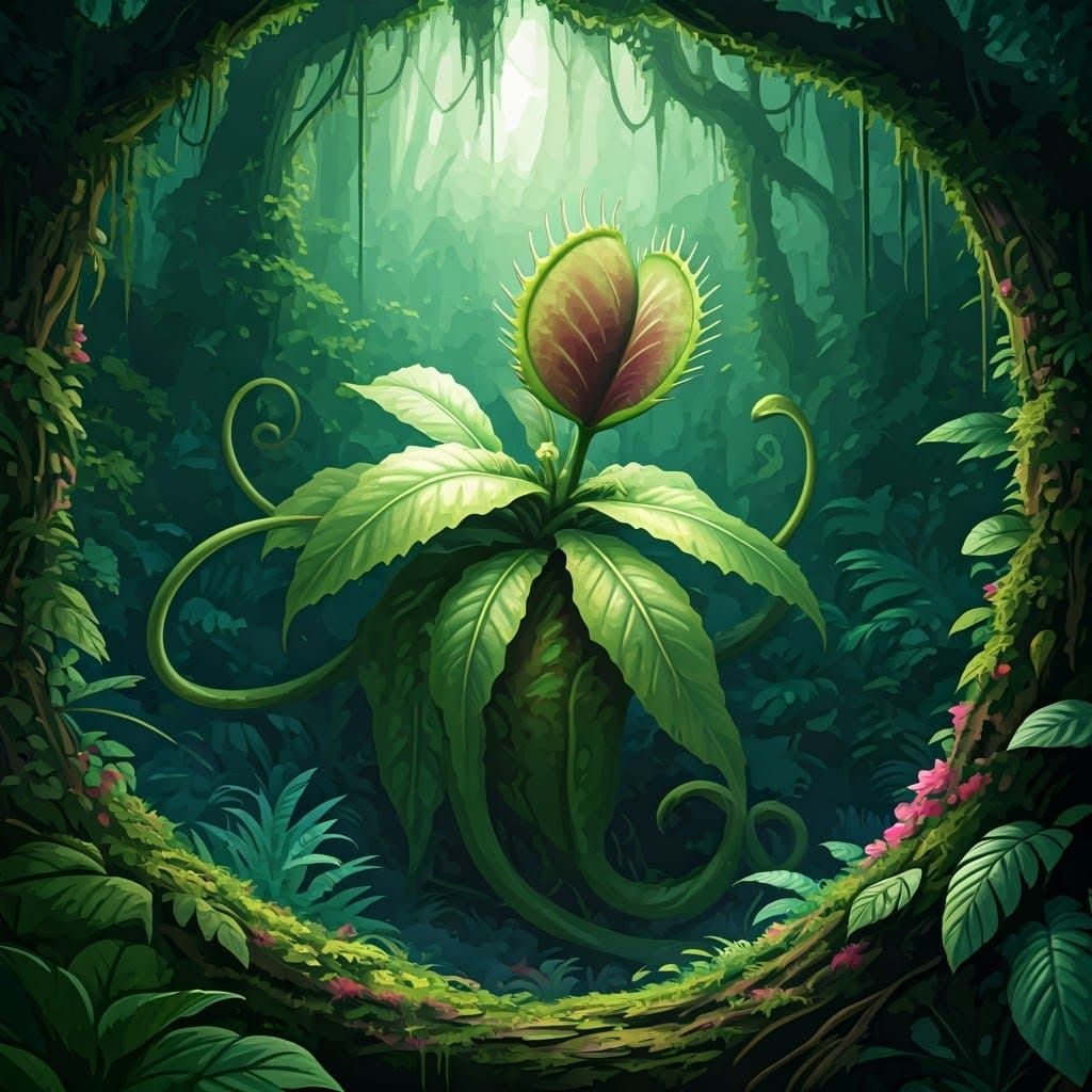 Gargantuan Carnivorous Plant in a Lush, Hyperrealistic Rainf...