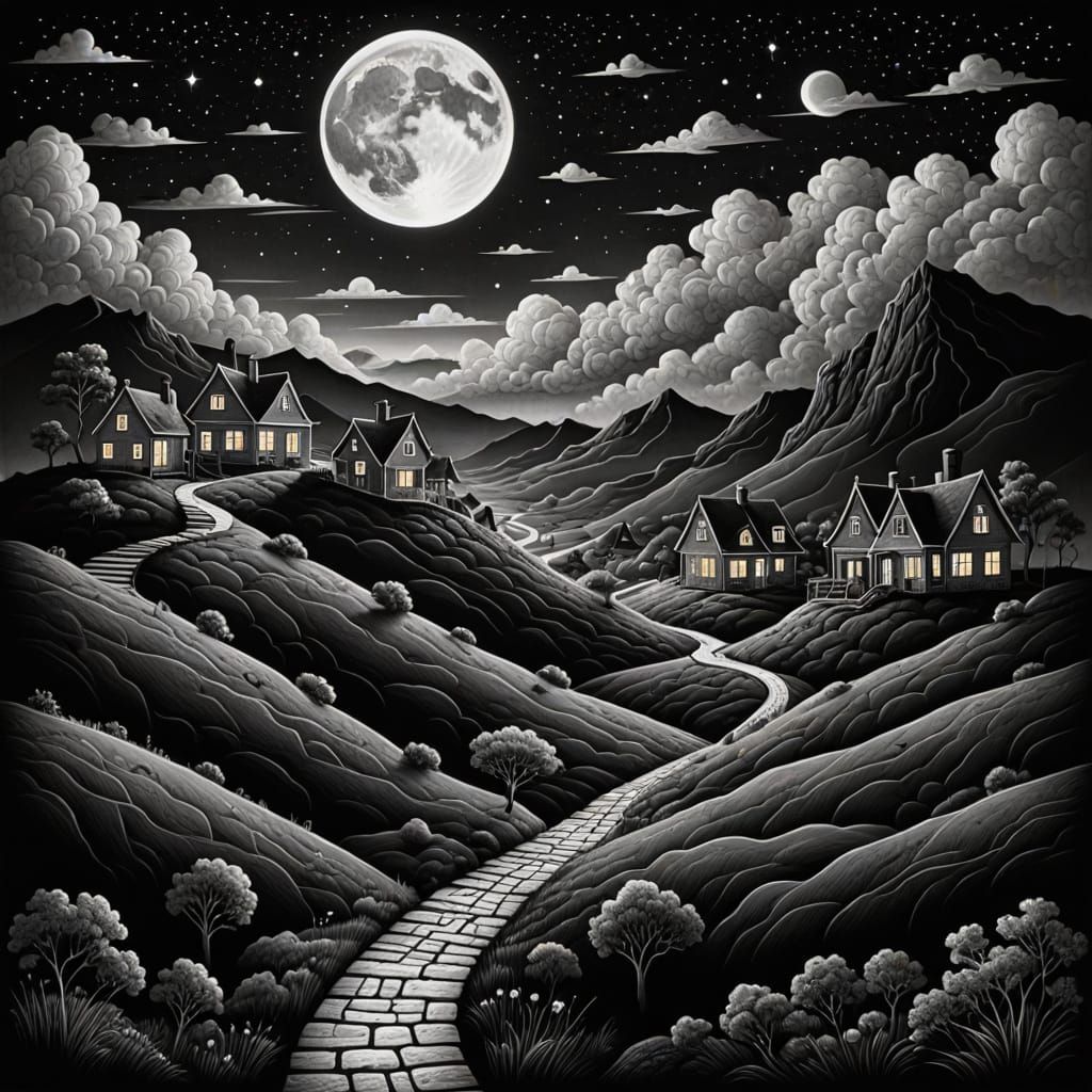 Surreal Houses on Floating Hills Under Starry Night