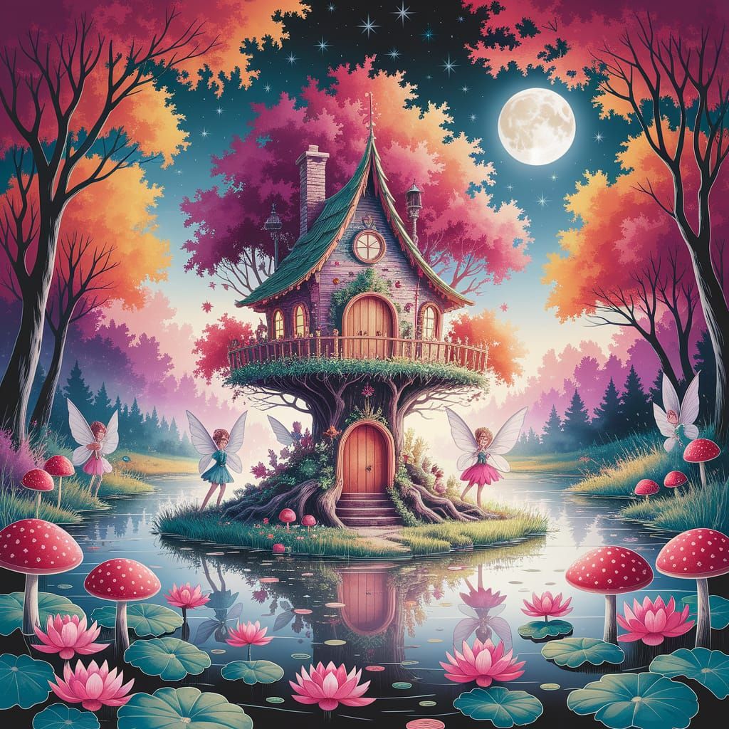 Magical Watercolor Fairy Treehouse Amidst Autumn Wonder