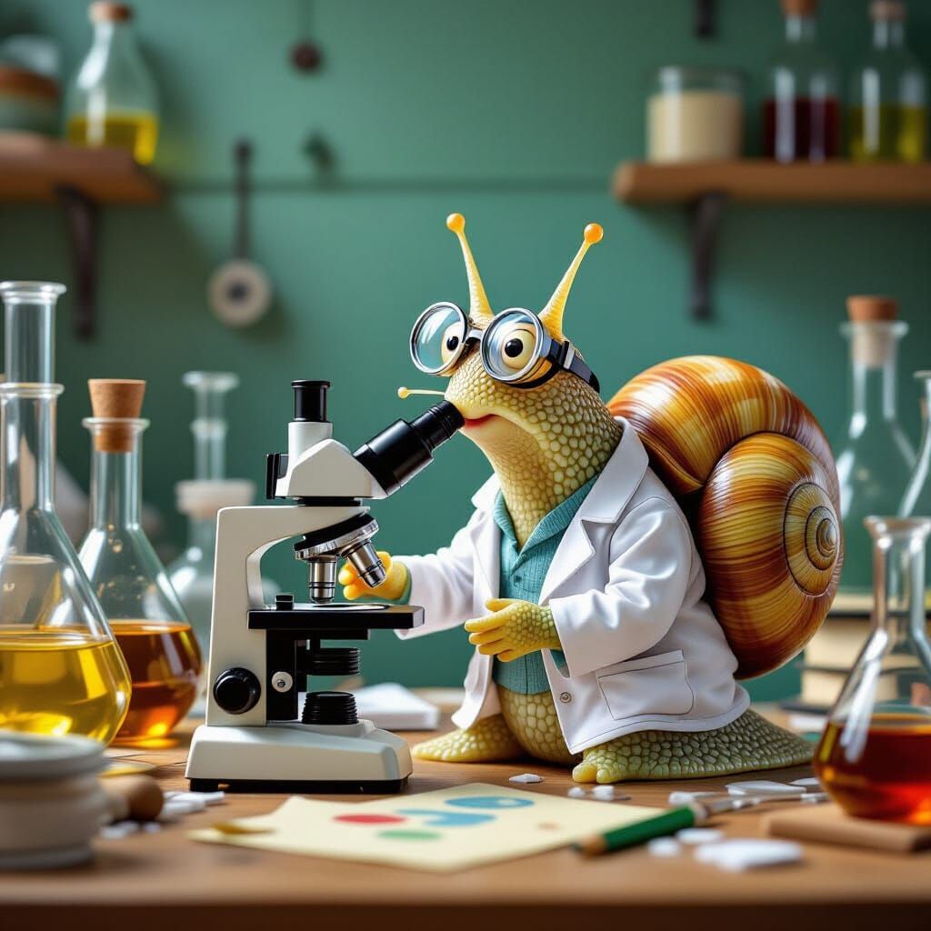 Snail Scientist Inspecting Specimen in Whimsical Lab