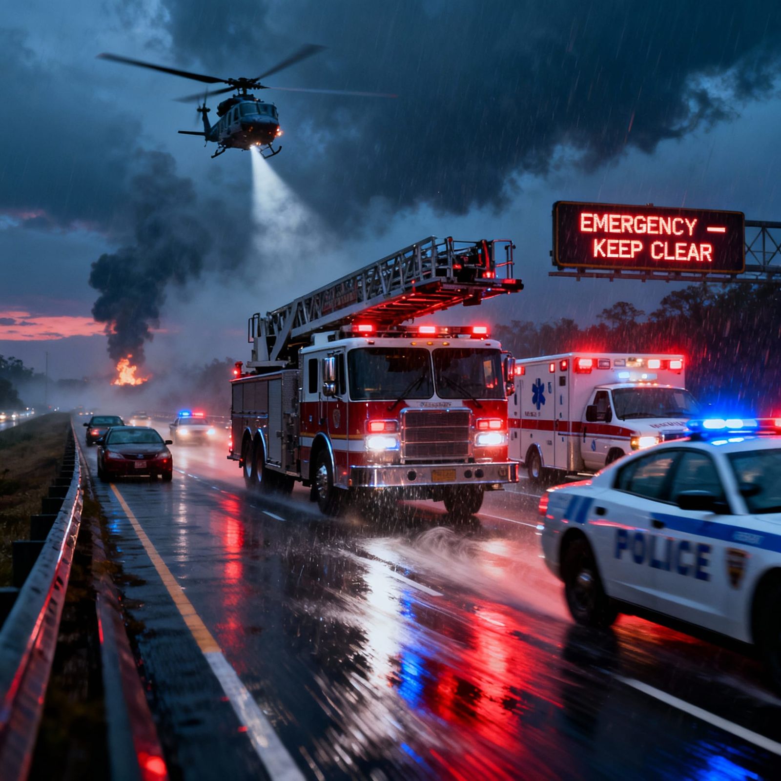 Emergency Vehicles Speeding on Stormy Highway