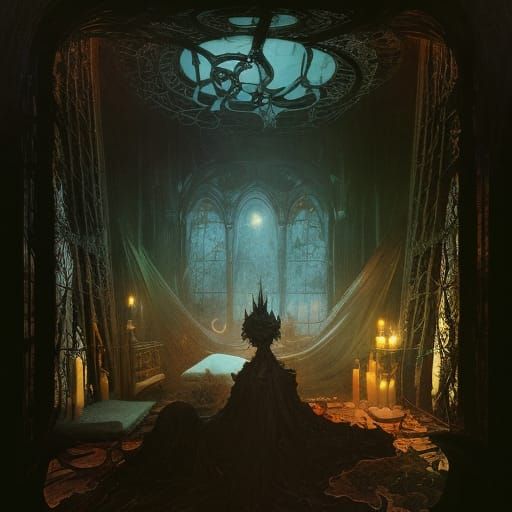 Magical Haunted Witch House Illustration in Art Nouveau Styl...