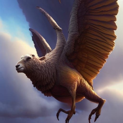 a sheep as a bird fly in the sky. hyperdetailed and hyperrea...