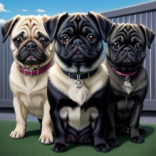 Three Pugs in Anime Manga Style