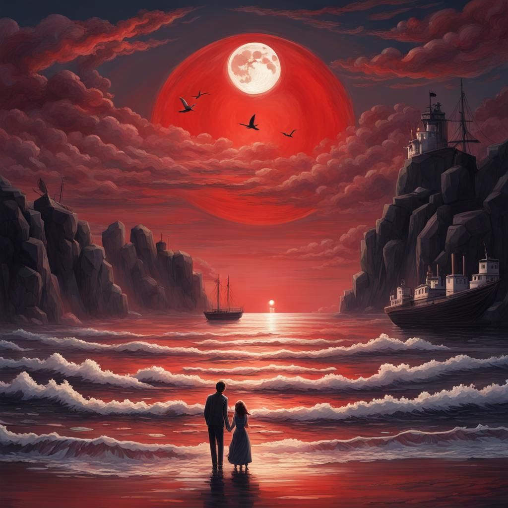 Surreal Harbor Illusion with Clock and Red Sky