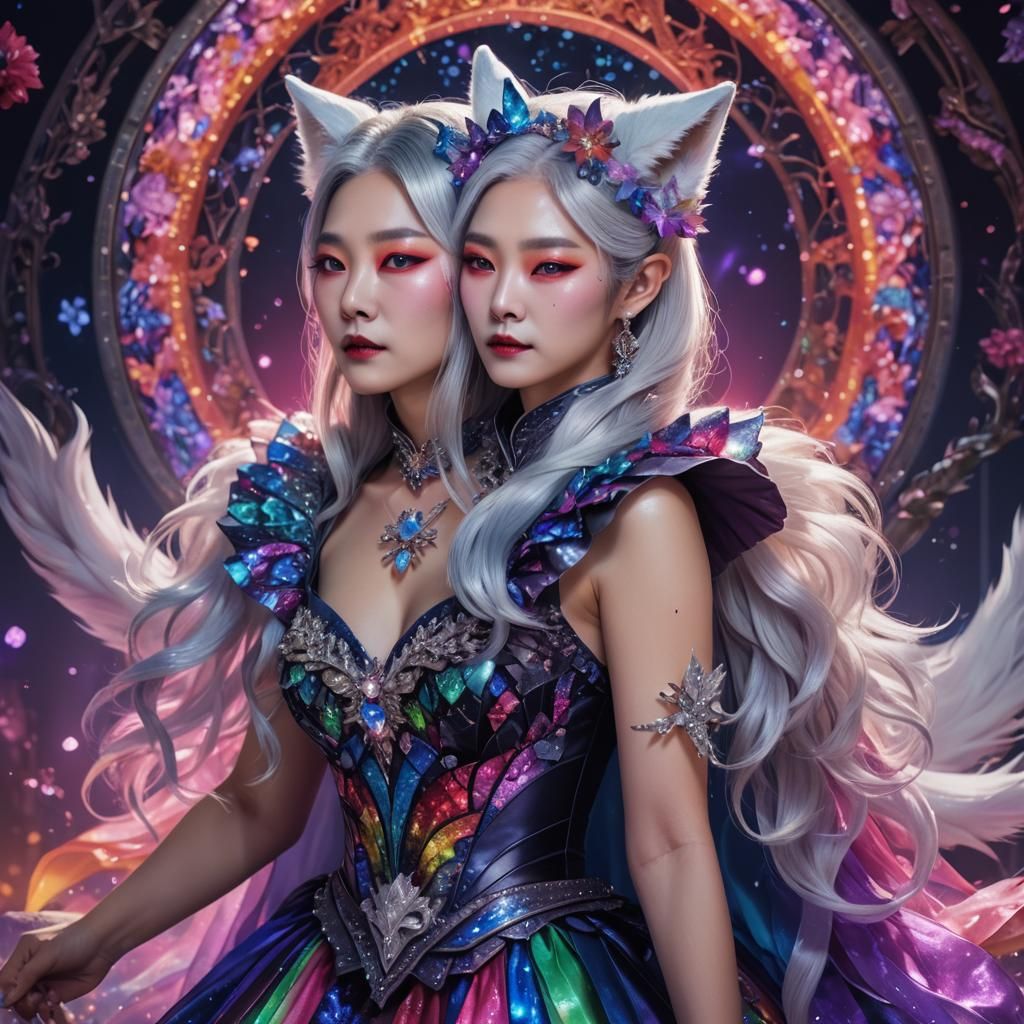 Silver-Haired Vampire Queen in Rainbow Crystal Dress