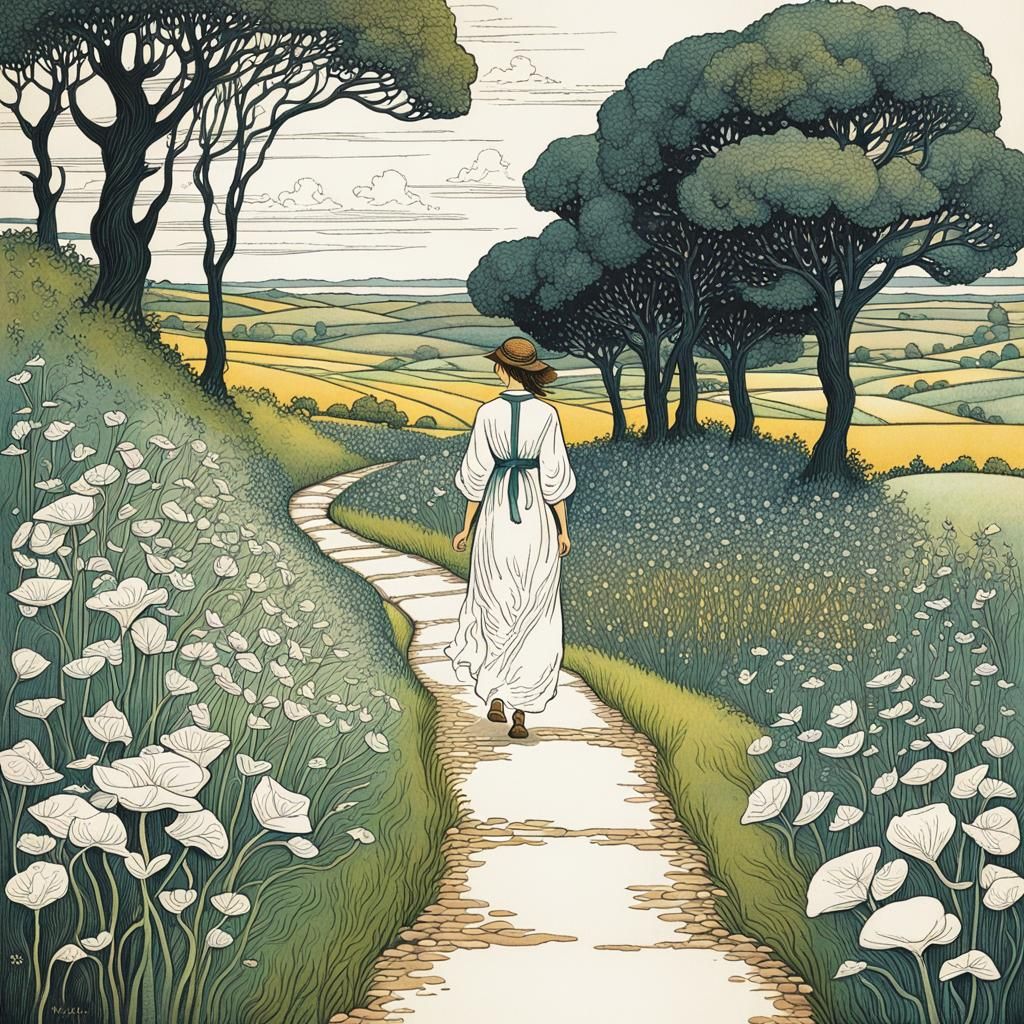 woman walks down a country path