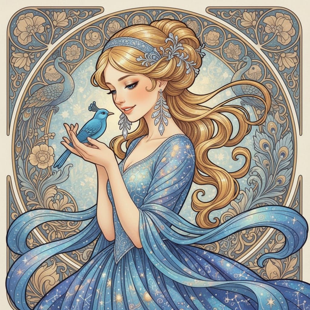 Cinderella with Bluebird in Art Nouveau Style