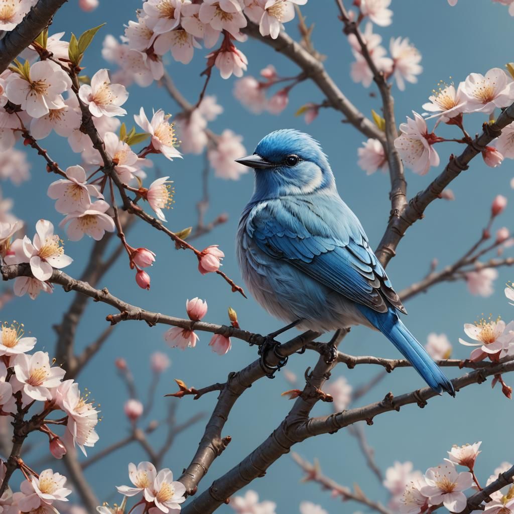 Pastel Blue Bird on Blossoming Cherry Tree
