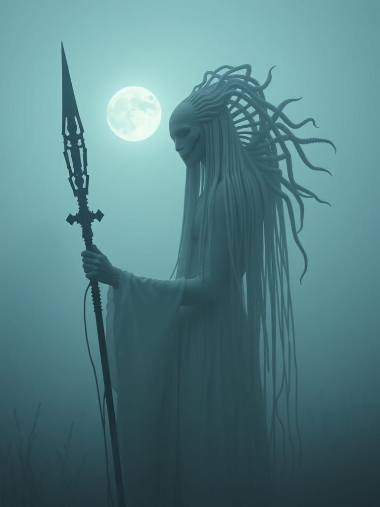 Ethereal Figure in Fog Under Pale Moon