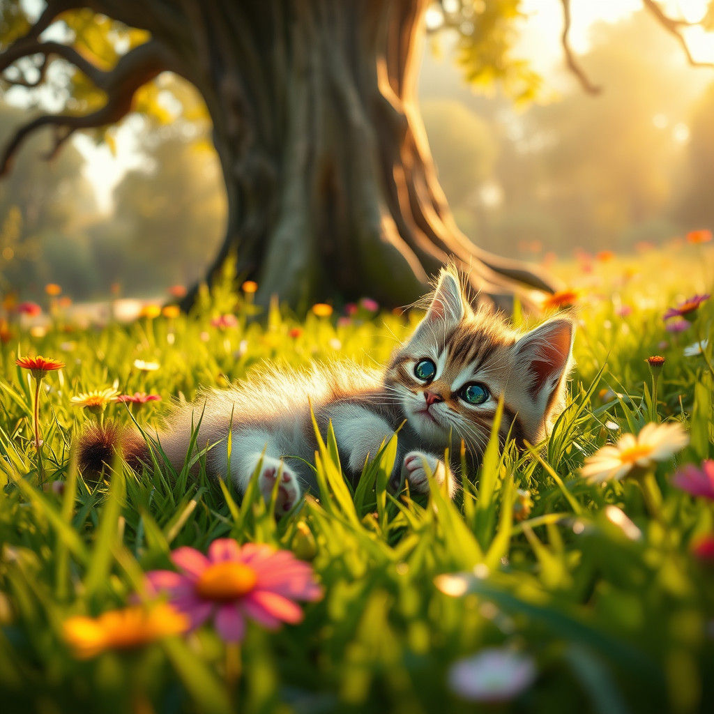 Kitten's Dawn Meadow Frolic: A Matte Painting