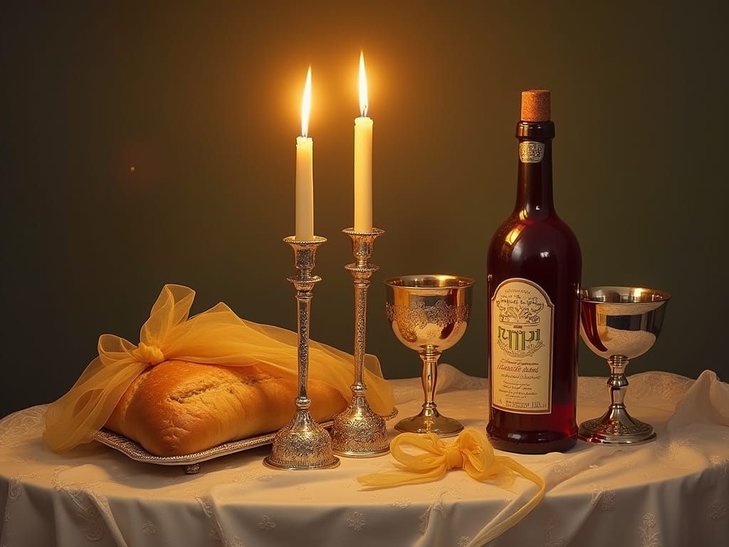 Elegant Shabbat Table Setting with Burning Candles and Red W...