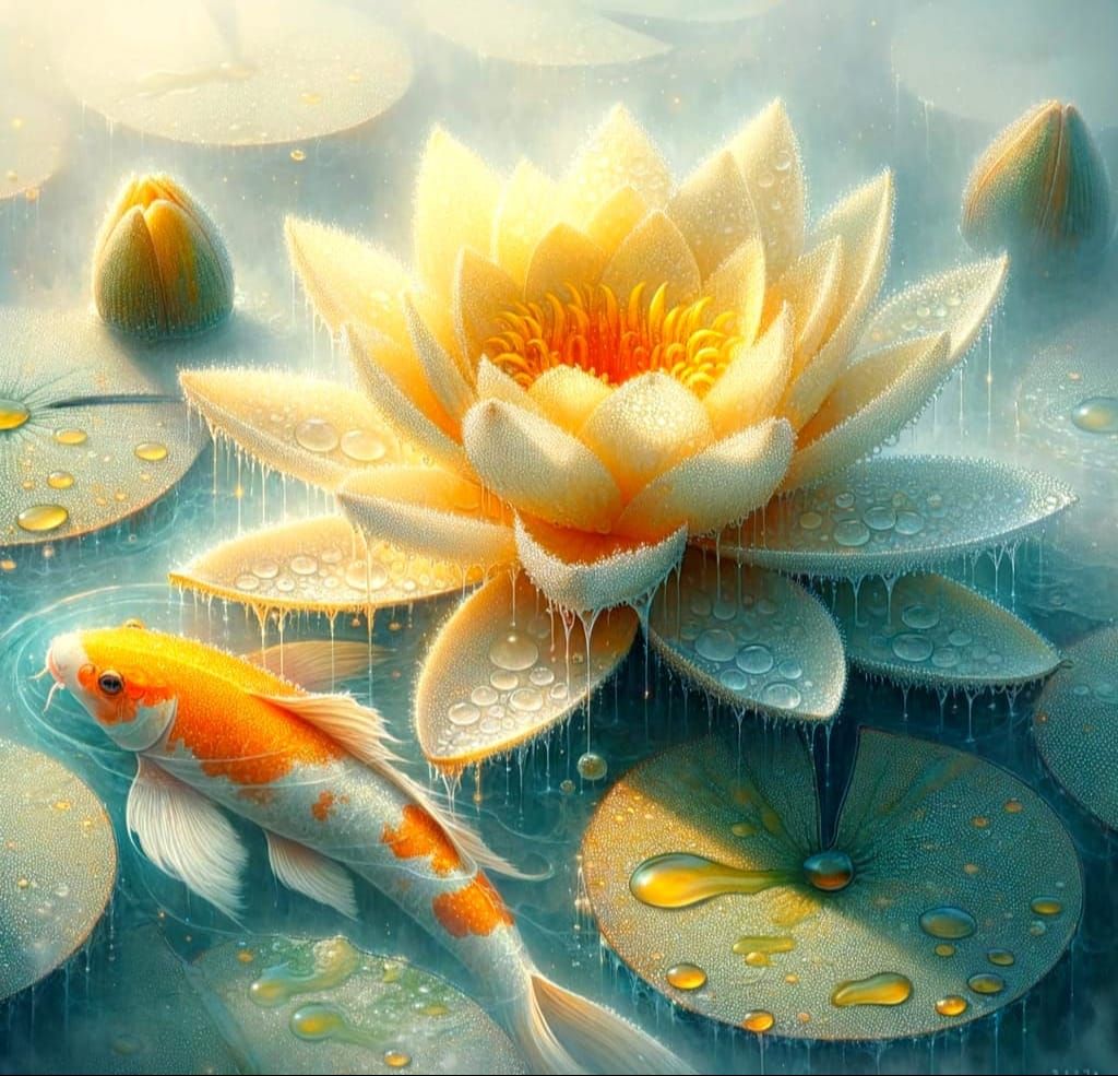 Delicate Morning Pond Scene in Watercolor Style