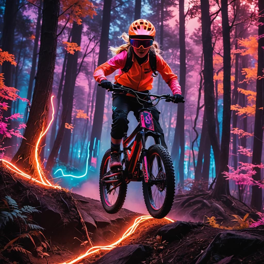 Synthwave Mountain Biker in Neon Lit Forest