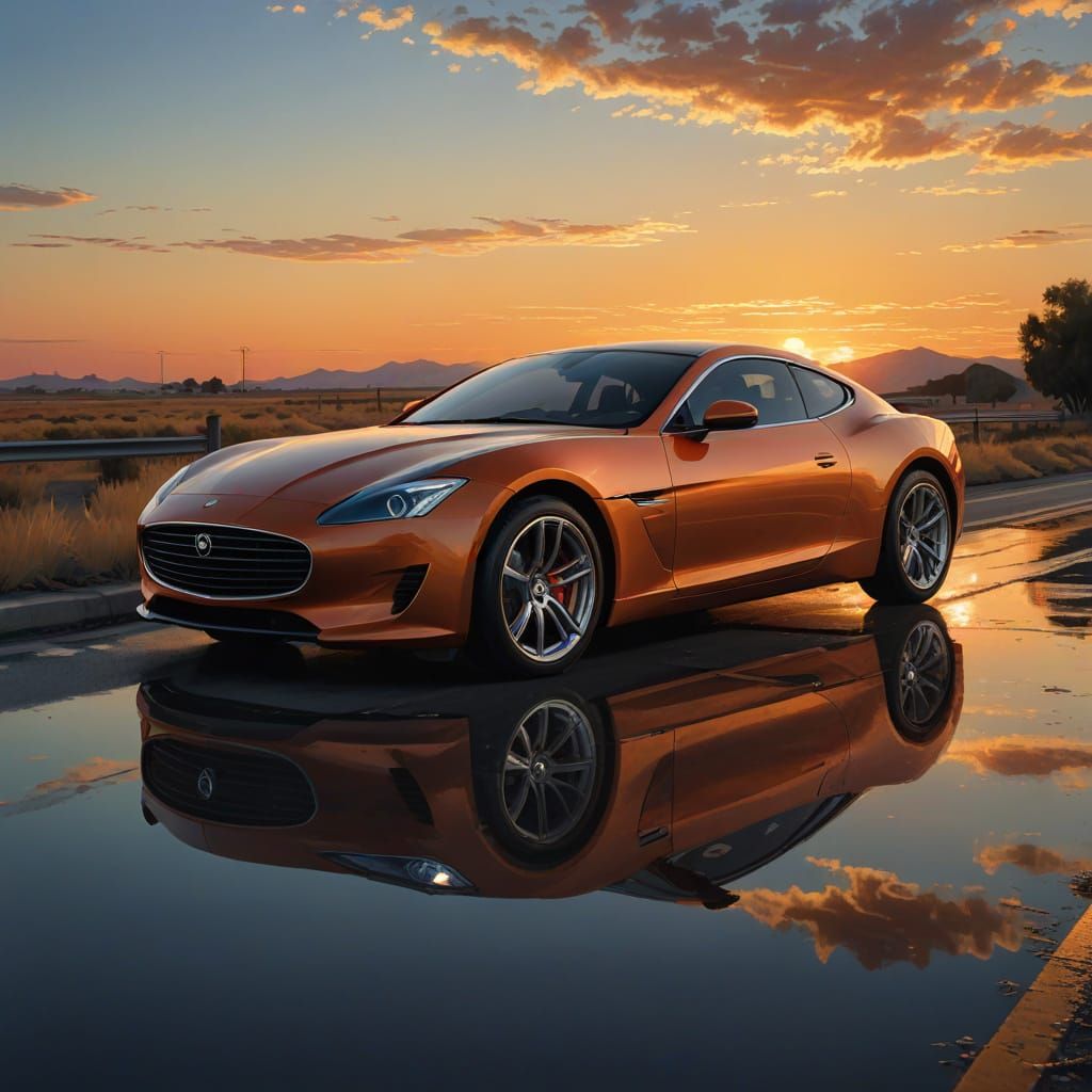 Sleek Car and Blonde Woman in Sunset Desert Highway Scene in...