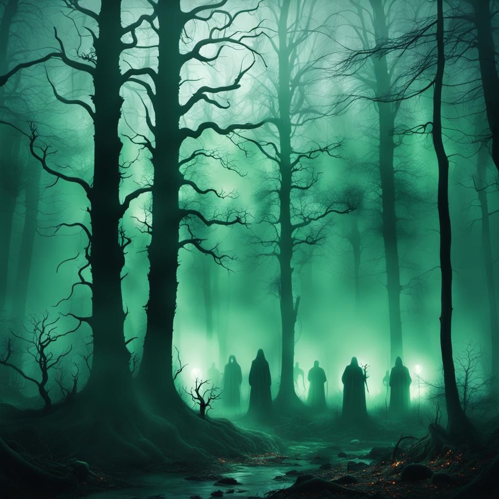 Eerie Ghosts Emerging from Mist in Haunted Forest