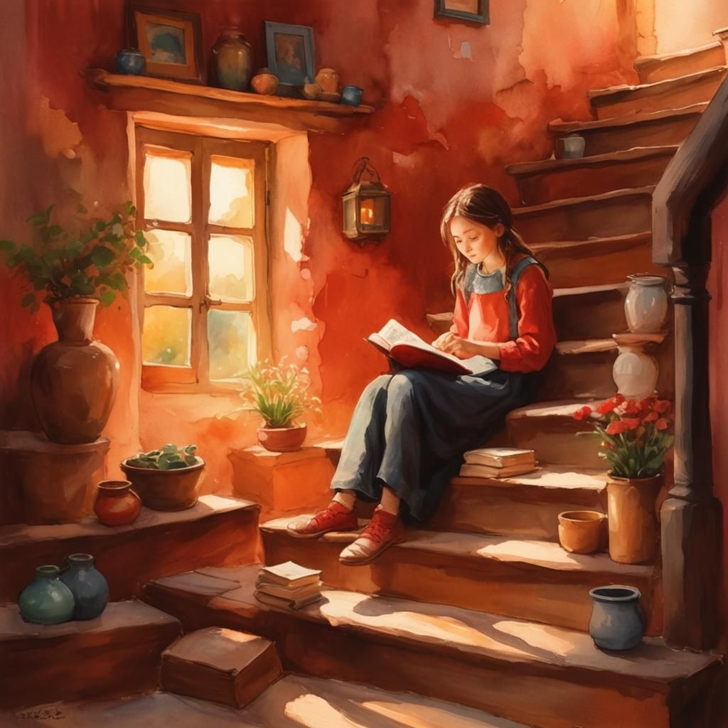 Girl Reading Book in Village, Watercolor Portrait