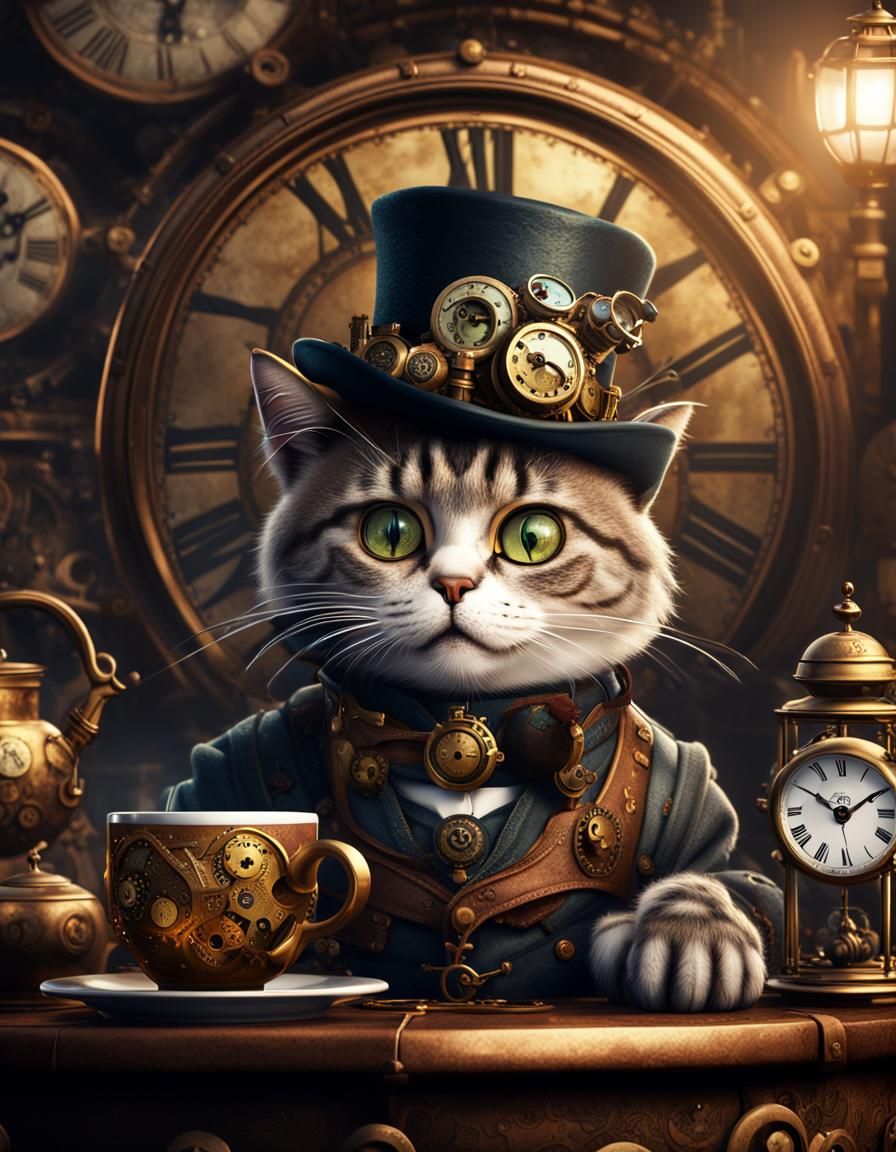 Steampunk Cat's Tea Party: Detailed Matte Painting