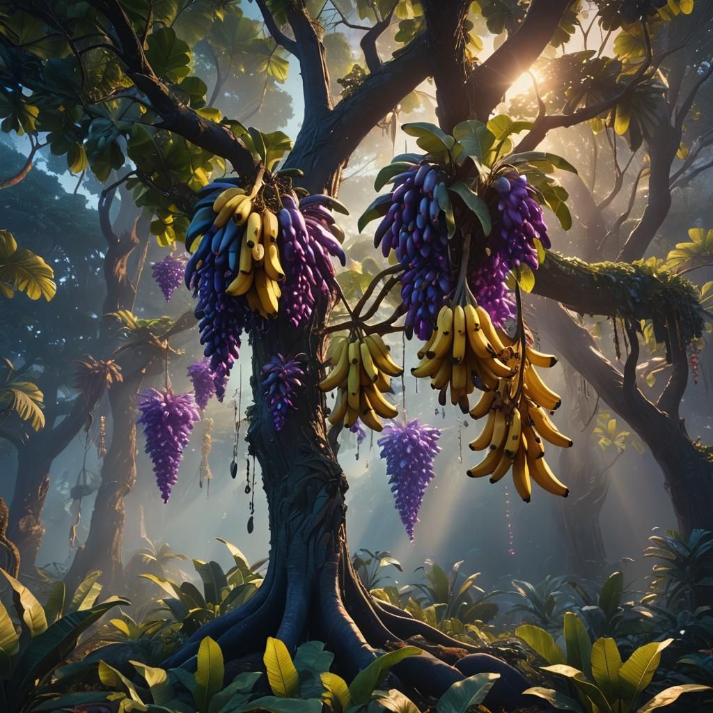 Glowing Glass Bananas in Mystical Landscape