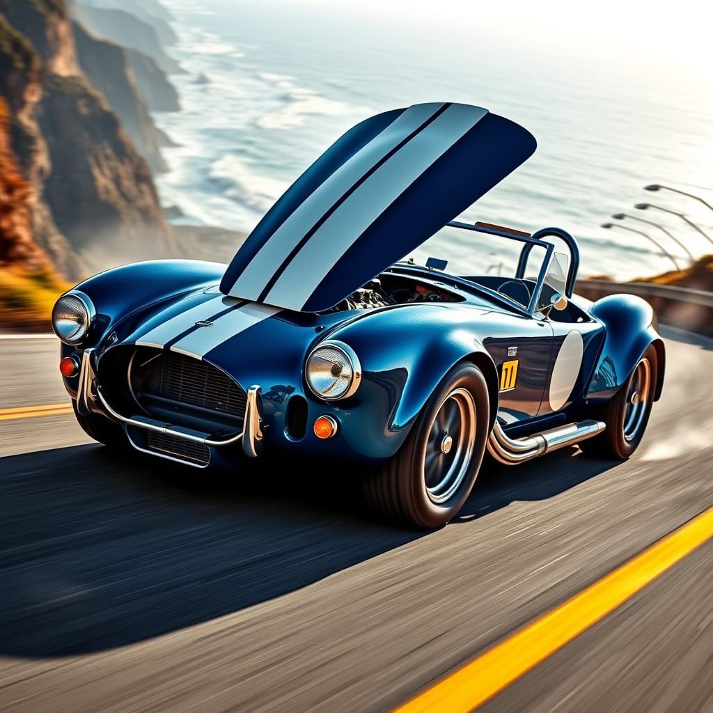 An AC Cobra (Shelby Cobra) iconic British-American hybrid sports car avoiding trouble.