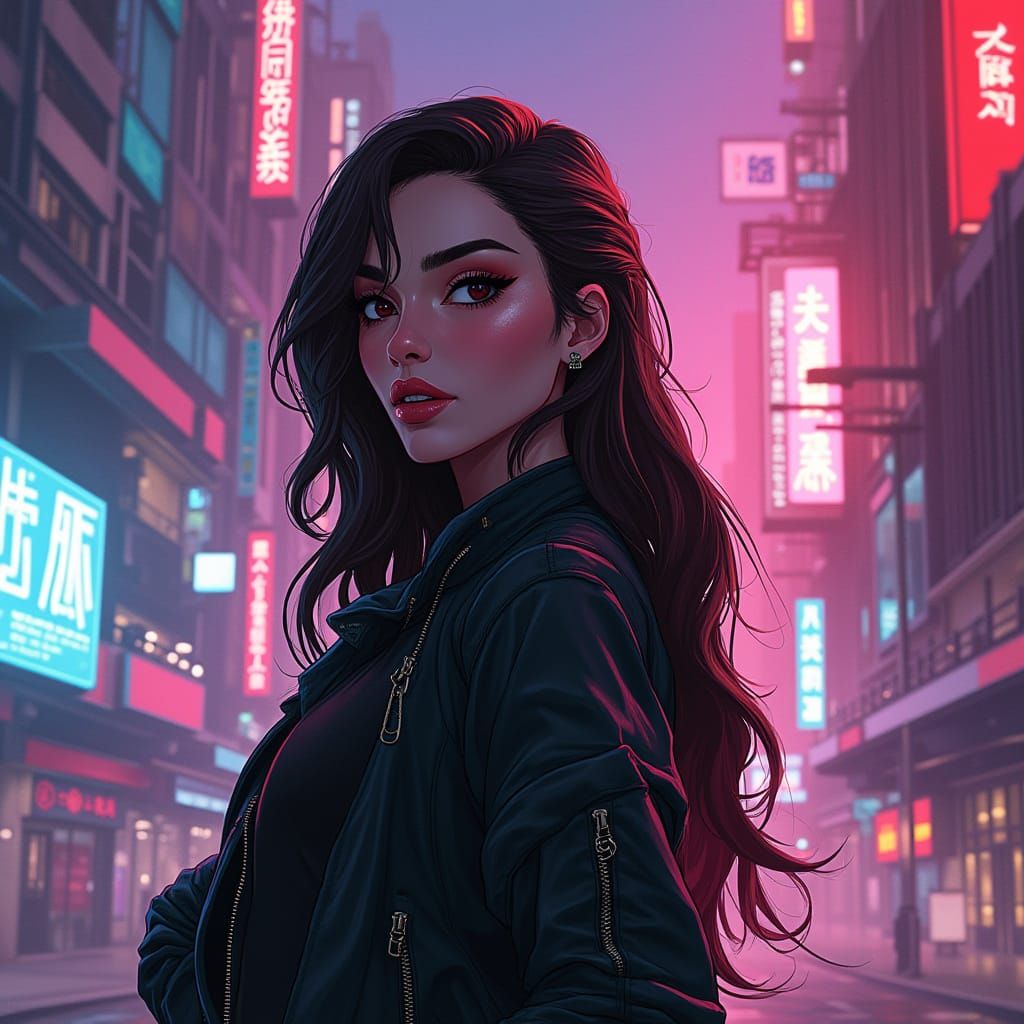 Futuristic Woman in Neon City, Syd Mead Style