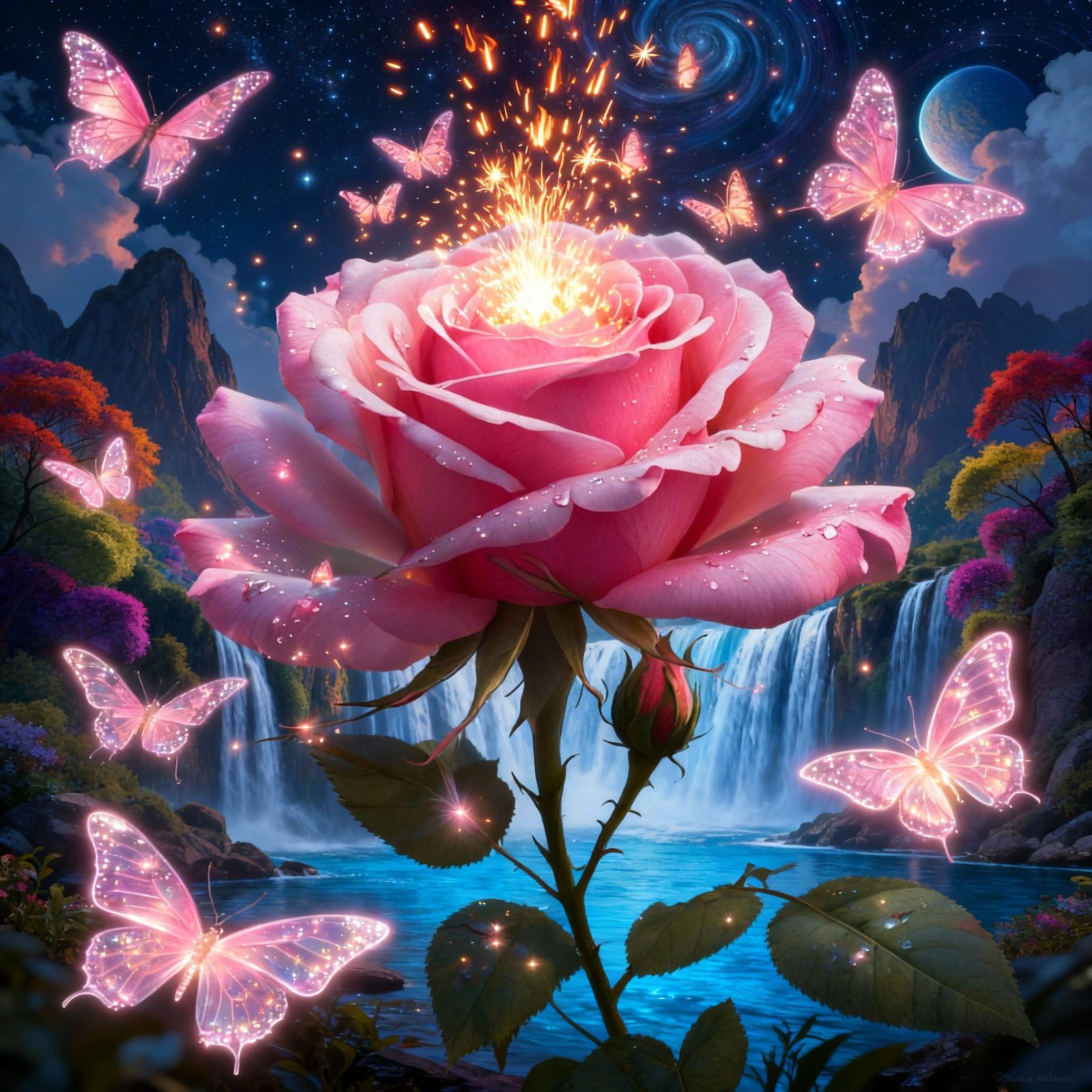Luminous Pink Rose With Glowing Butterflies Near Waterfall