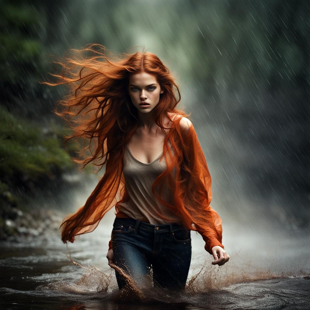 Redhead in Rainy Forest: Hyperrealistic Cinematic Portrait